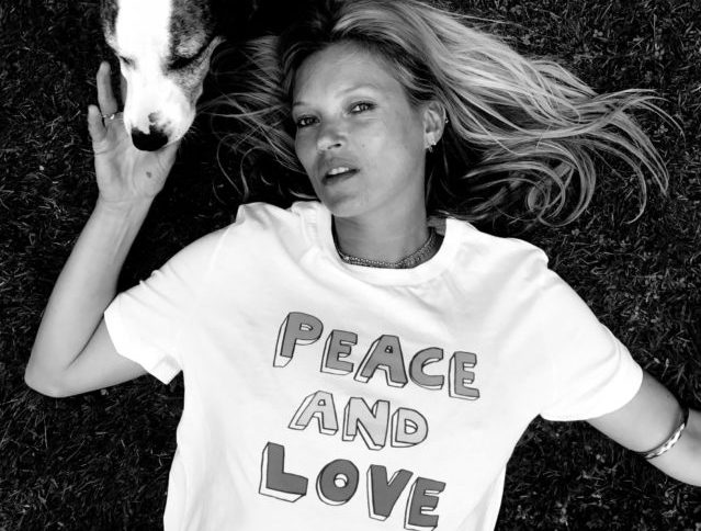 Kate Moss models a Teemill T-shirt designed by Bella Freud for Warchild